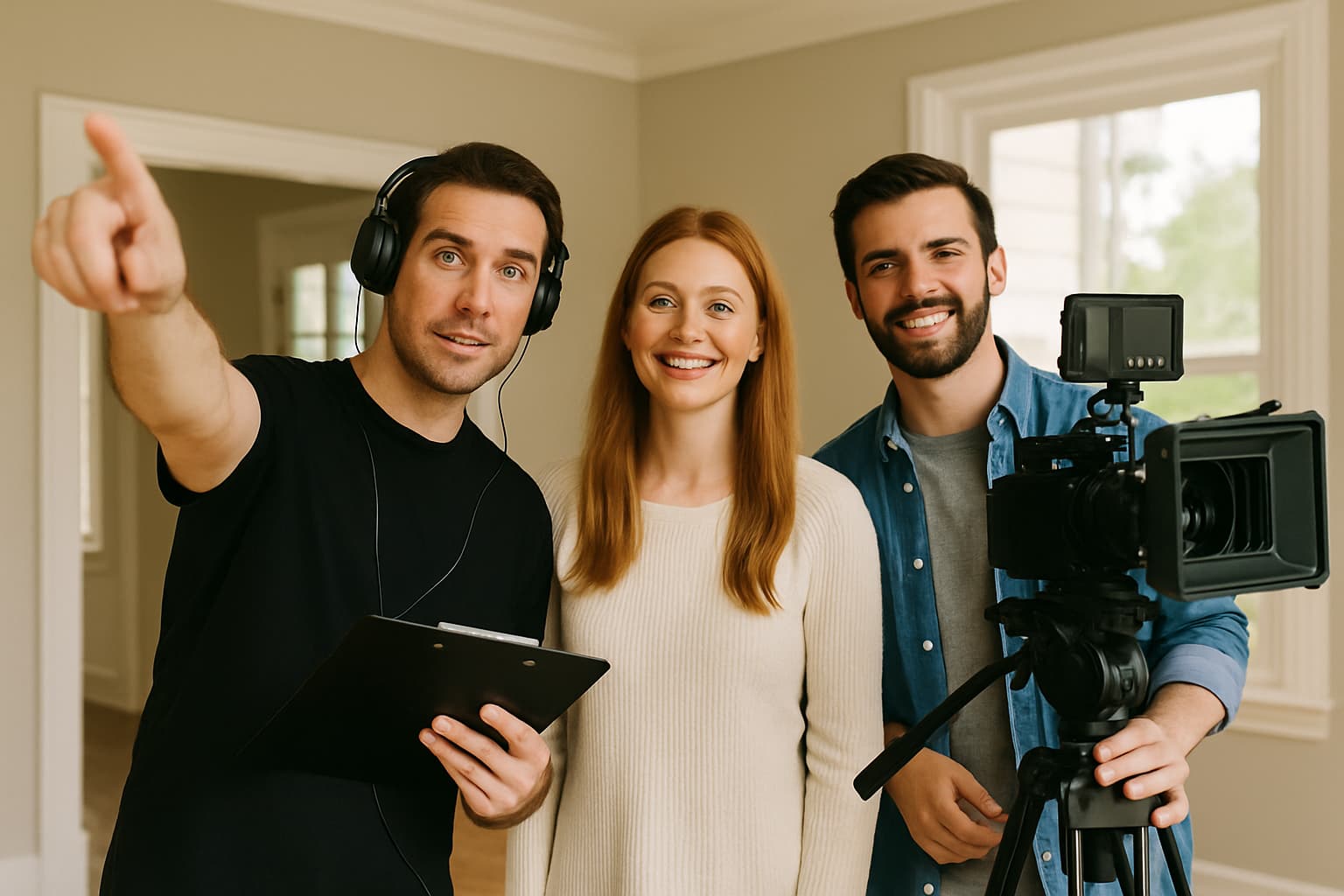 A film crew setting up a camera inside a residential home location
