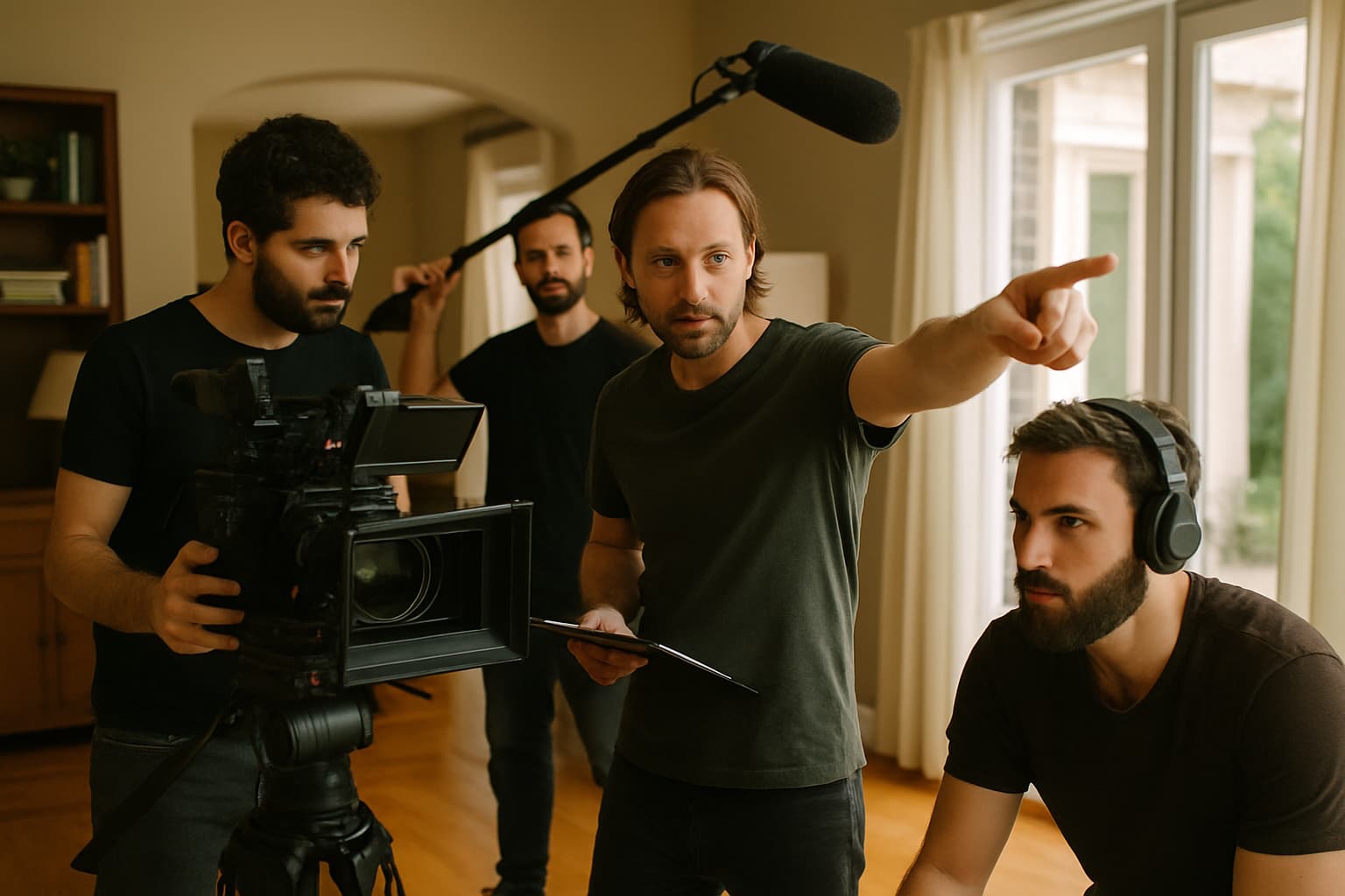 Camera operators filming inside a living room