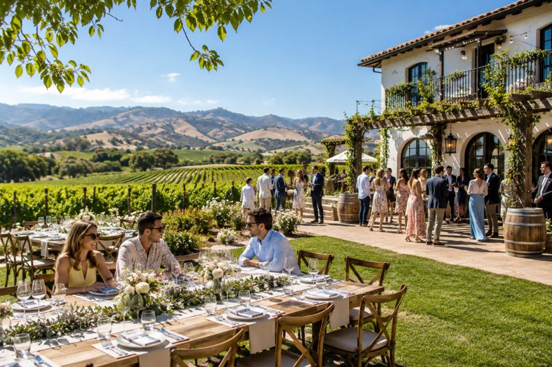 Sunny vineyard estate event setup with guests and outdoor dining