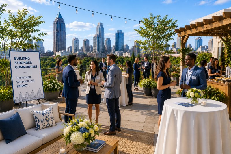 Bright Atlanta gallery-style brand event with guests moving through product displays, lounge areas, and a polished reception setup