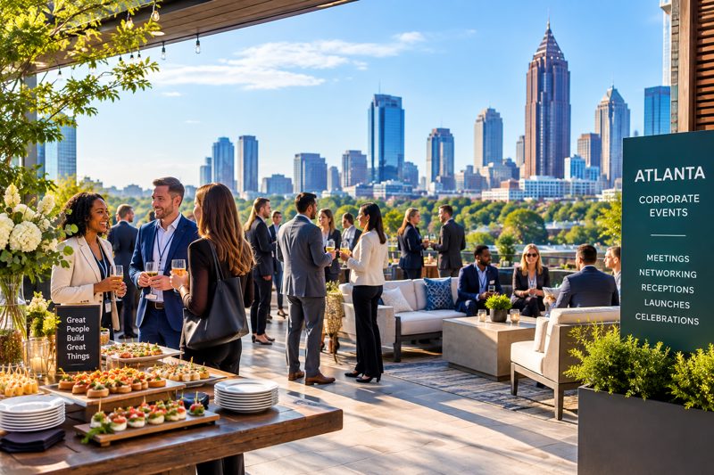 Atlanta outdoor corporate event setup with lounge seating, cocktail tables, greenery, and space for guests to network