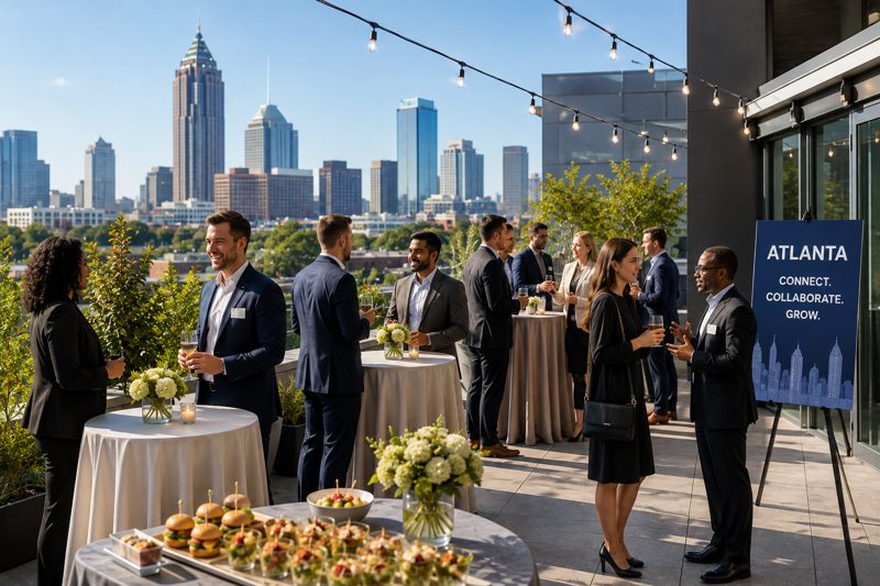 Polished Atlanta corporate dinner venue arranged for a business gathering with dining tables, warm lighting, and space for conversation