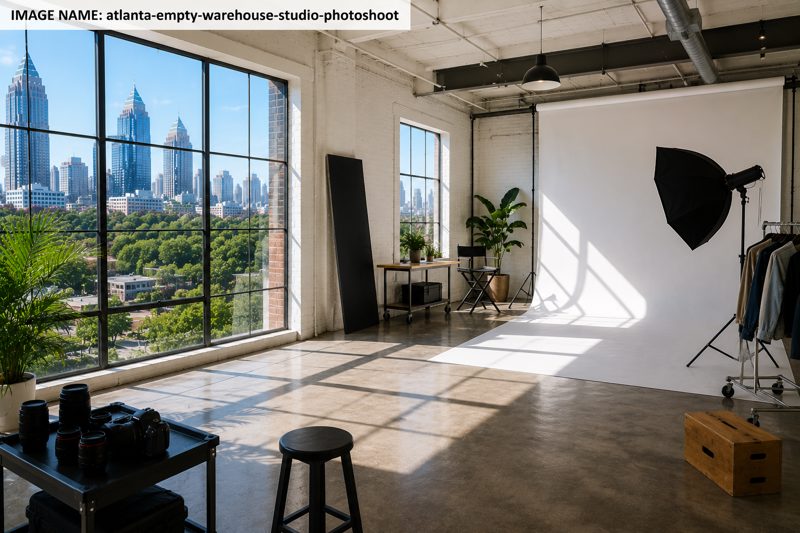 Bright Atlanta creative studio arranged for a professional photo shoot with seamless backdrops, daylight, lighting equipment, wardrobe racks, and a working crew