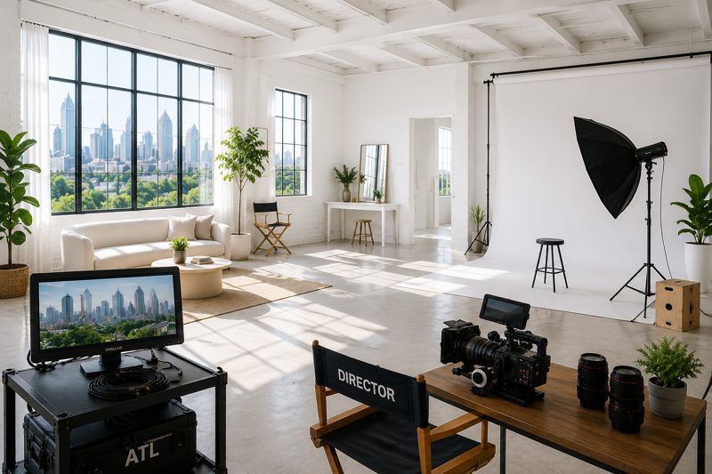Bright Atlanta production space with camera crew, lighting equipment, monitors, carts, and an open event-center floor prepared for a commercial shoot