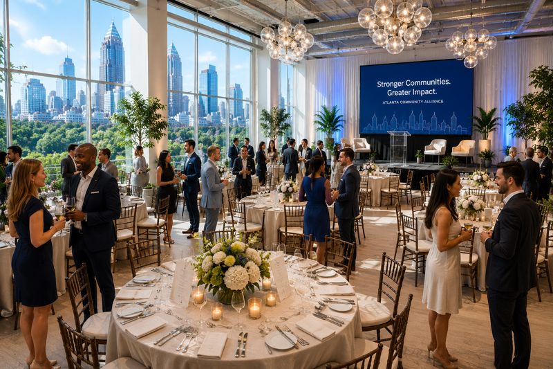 Atlanta fundraising event in a flexible event center with a stage, seated guests, reception space, and polished gala production