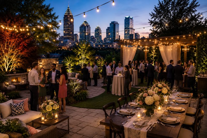 Sunny Atlanta outdoor celebration venue with greenery, lounge seating, cocktail tables, and an open layout for a private party