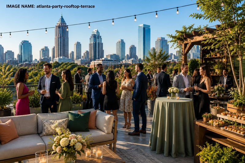 Bright Atlanta private party venue arranged for dinner and cocktails with comfortable seating, festive tables, and room for guests to mingle