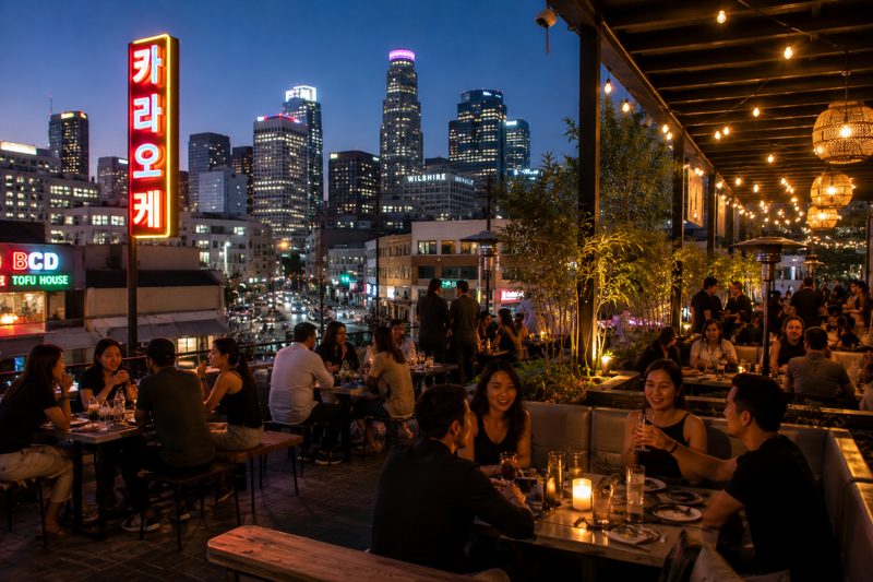 Lively Koreatown rooftop restaurant event with city lights and guests dining outdoors