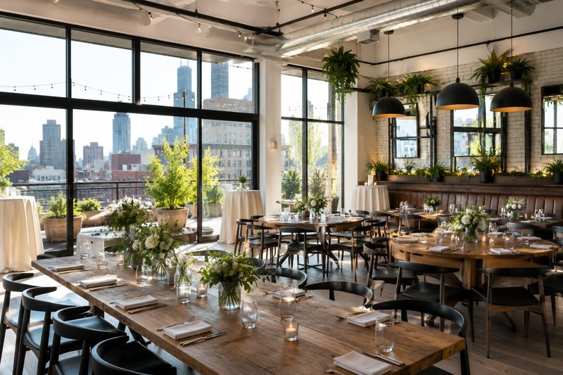 Polished Chicago private dining room arranged for a corporate dinner with long tables, warm lighting, bar service, and presentation-ready space