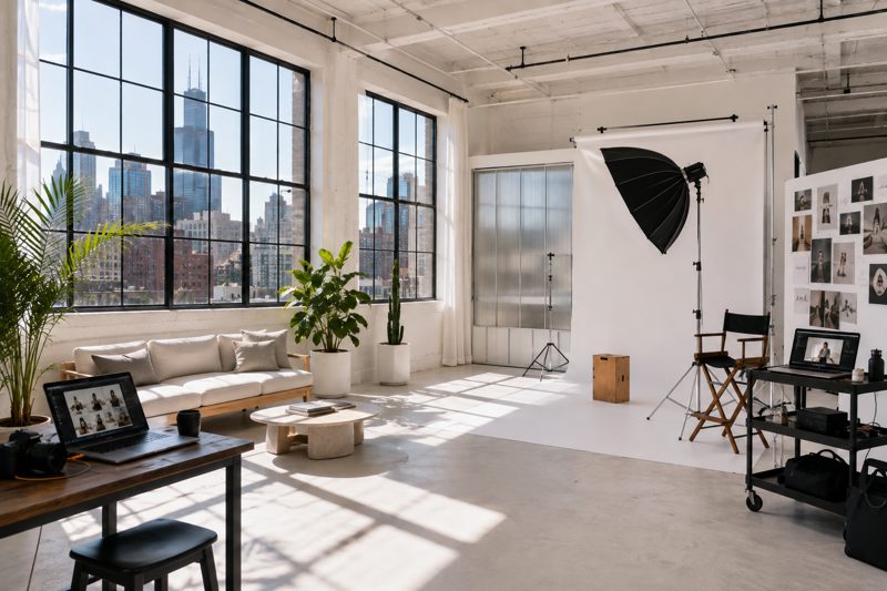 Bright Chicago daylight studio prepared for a photo shoot with large windows, open floor area, neutral walls, camera equipment, and clean natural light