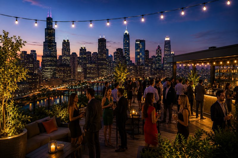 Bright Chicago private party restaurant space with dining tables, bar service, warm daylight, and room for a social gathering