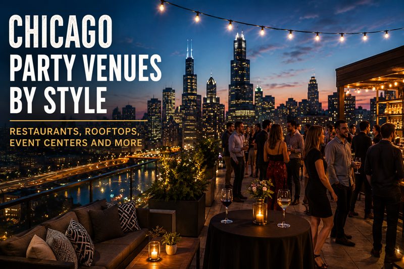 Chicago rooftop party space in bright evening light with skyline views, lounge seating, tables, and open-air gathering areas