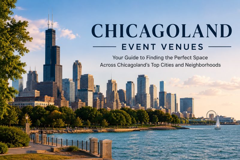 Bright Chicagoland suburban event district with contemporary restaurants, hotel-style venues, landscaped walkways, and guests arriving for an event
