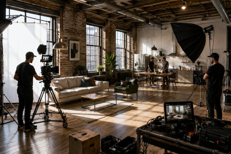 Chicago urban film location with textured brick interior, large factory windows, production lights, camera setup, and ample crew staging space