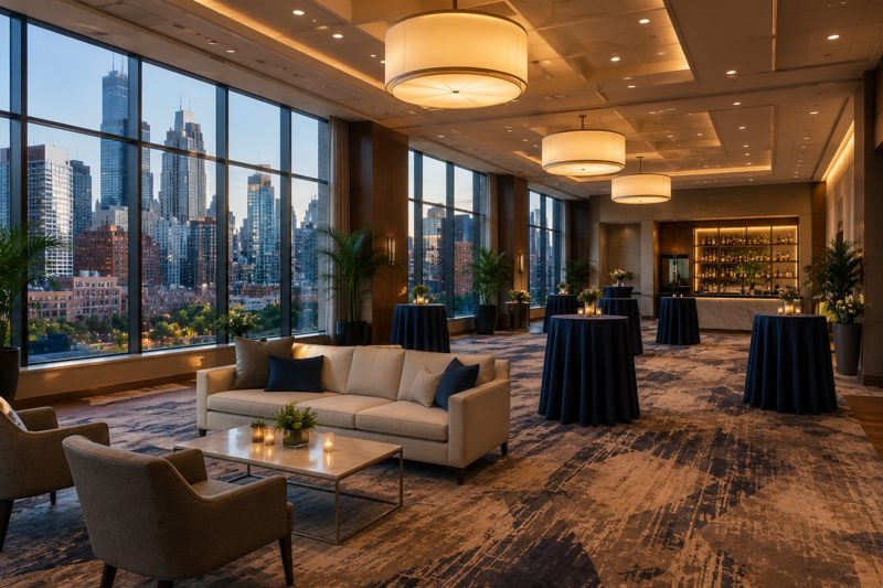 Light-filled Chicagoland suburban hotel event space with modern meeting rooms, landscaped grounds, guest seating, and easy arrival areas
