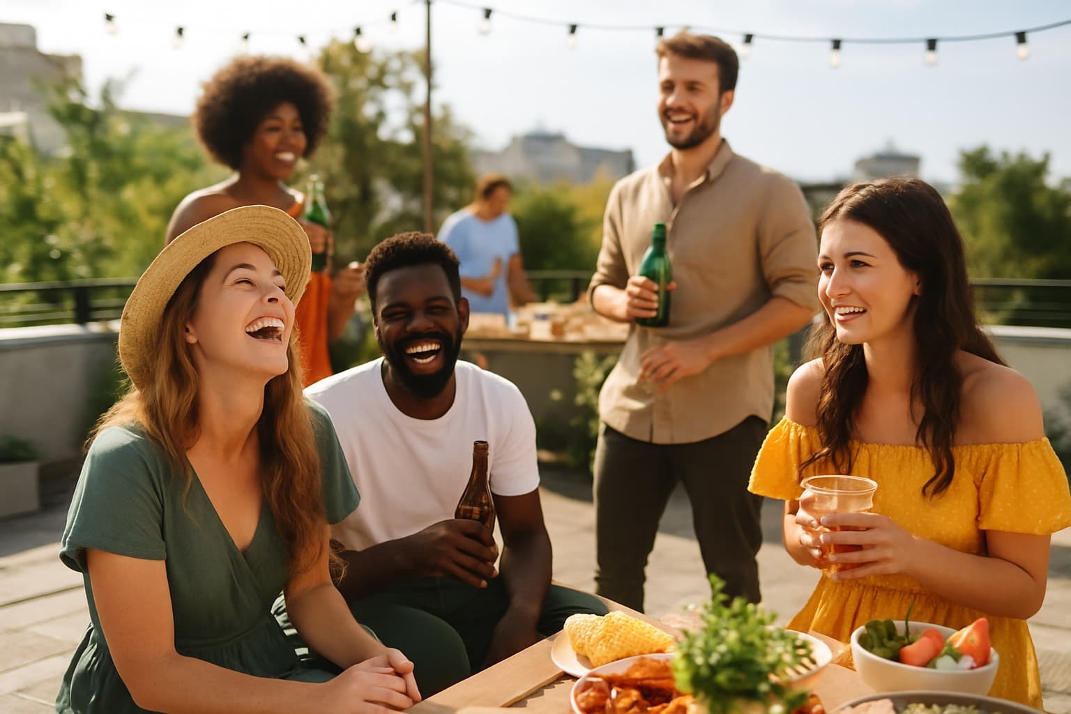 Friends laughing together at a rooftop party