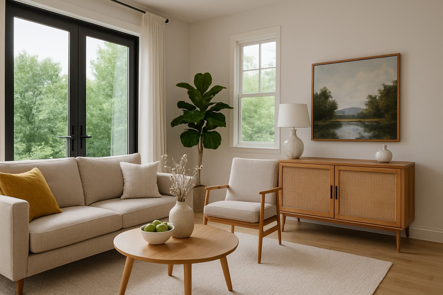 Bright neutral interior with simple styling designed for events and filming