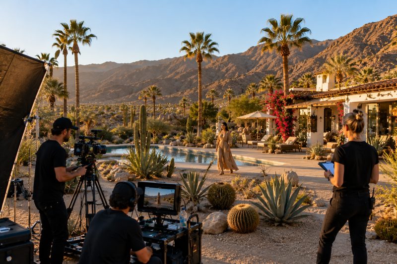 Bright production shoot at a Desert Hot Springs estate with camera crew, pool, desert landscaping, and mountain views