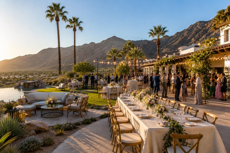 Bright desert estate event setup near Desert Hot Springs with outdoor seating, palms, and mountain views