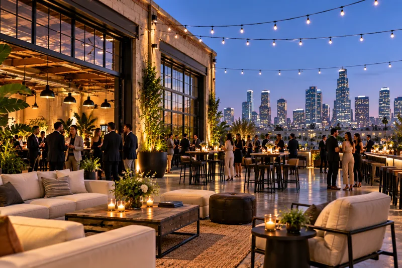 Downtown Los Angeles loft event space with exposed brick, large windows, lounge furniture and a polished private event setup