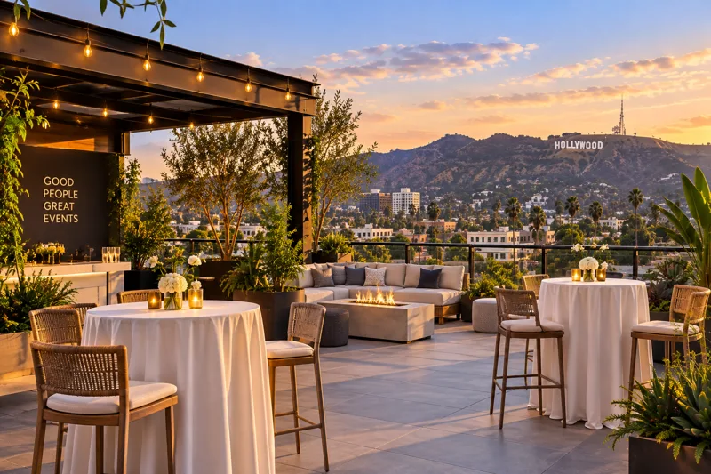Downtown Los Angeles rooftop event venue with city skyline views