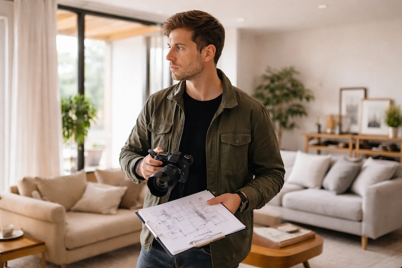 A location scout reviewing a shoot space with a camera and notes