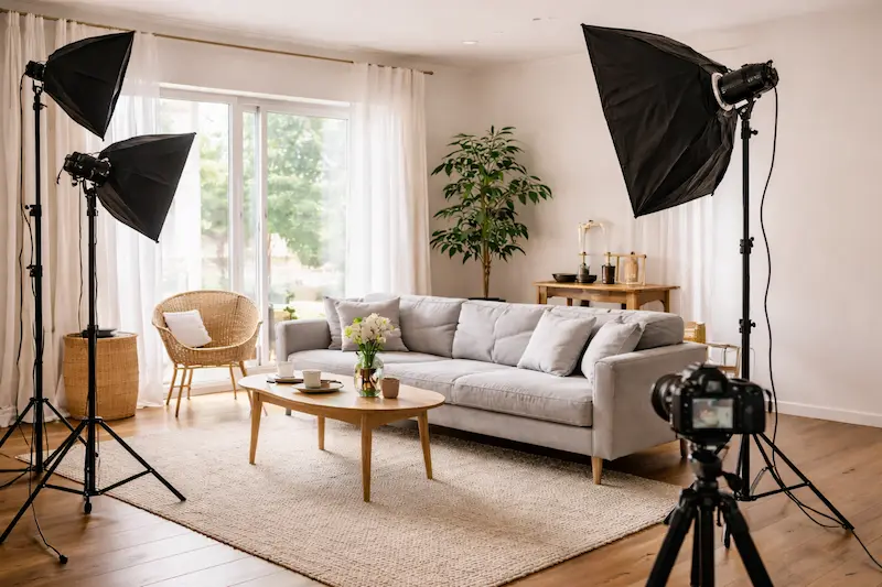 Bright modern living room set up for a film or photo shoot with soft lighting