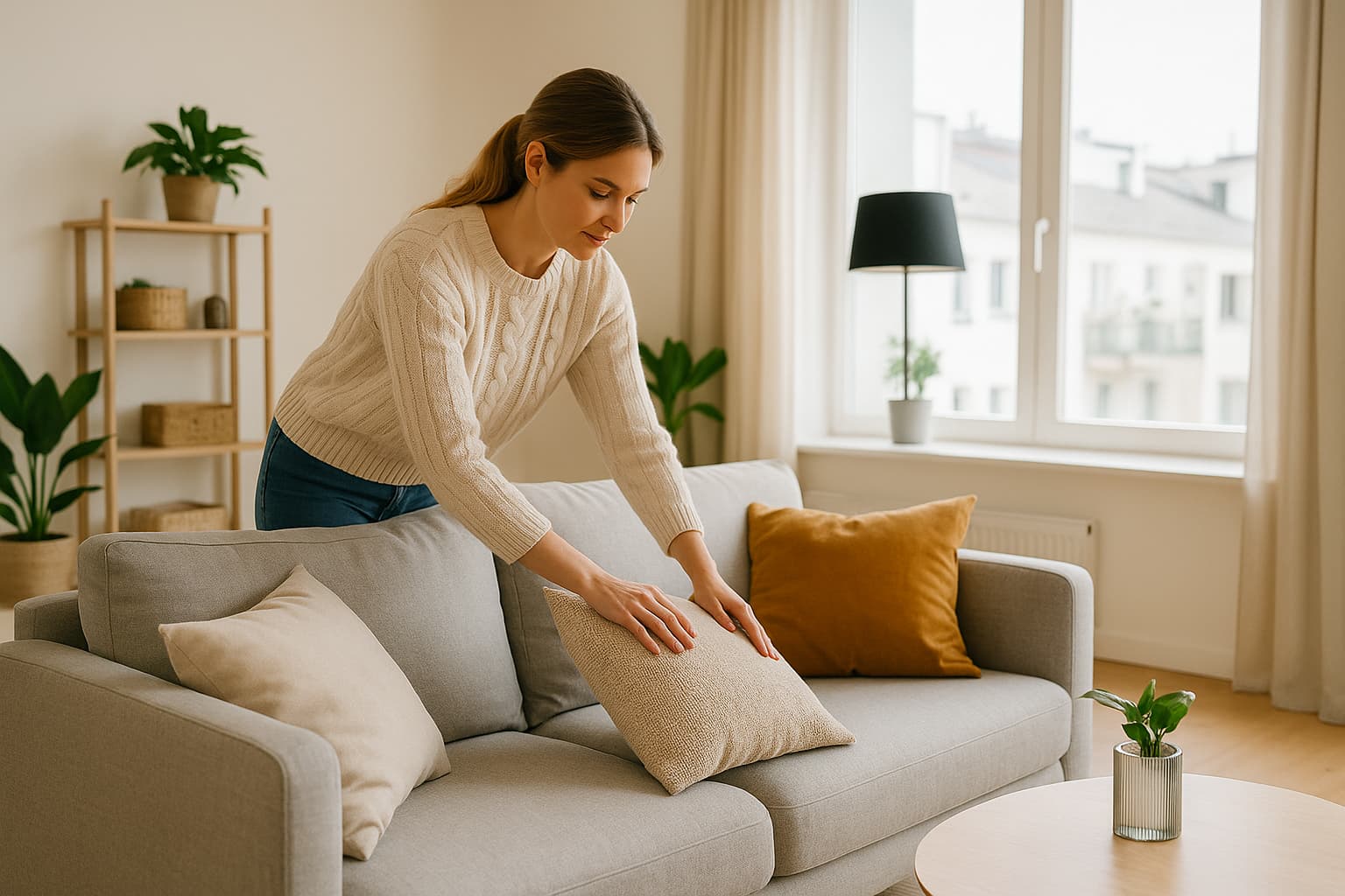 Host preparing a living room for hosting by arranging decor in a bright, modern space