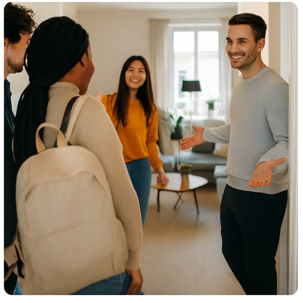 A host welcoming guests at a stylish home rental, representing tips to get your first booking on VenueMagnet