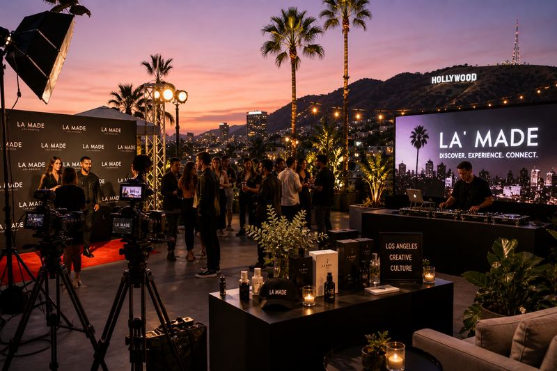 Hollywood brand activation media event with cameras, lighting, and a polished showcase setup