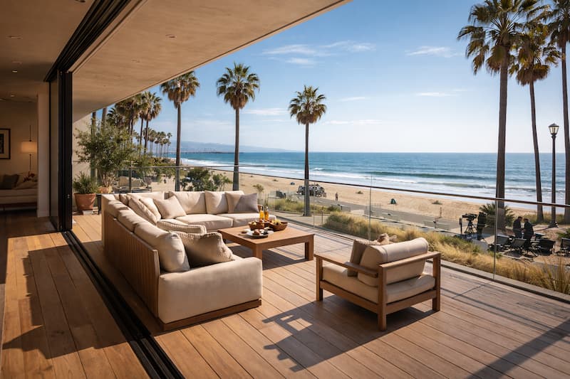 Coastal deck and living area opening to ocean views and palm trees in West Los Angeles, with bright natural daylight