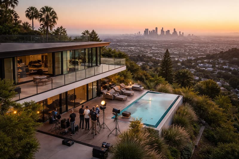 Modern hillside home with an infinity pool and a small film crew setting up at golden hour, with the Los Angeles skyline in the distance