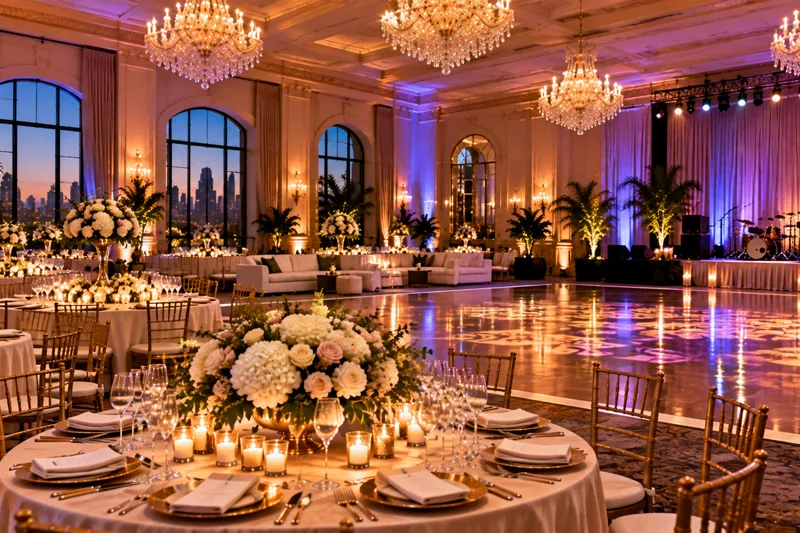 Los Angeles ballroom gala with stage, round tables, dramatic lighting and formal evening guests
