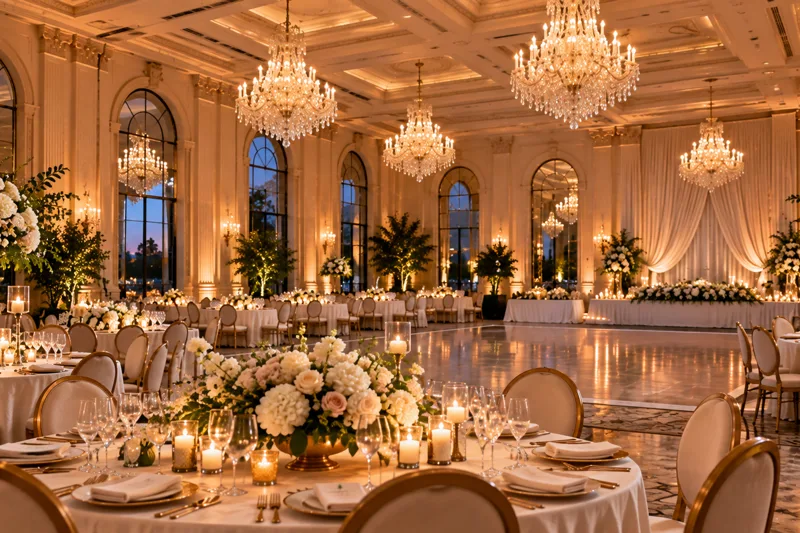 Elegant Los Angeles ballroom wedding reception with tables, dance floor, floral decor and warm lighting