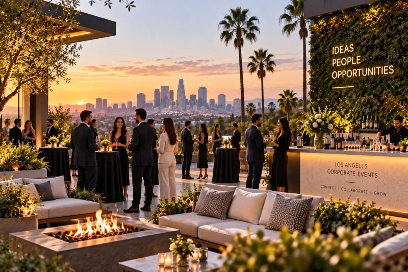 Los Angeles company dinner on a bright rooftop terrace with modern tables, skyline views and a relaxed corporate reception setup