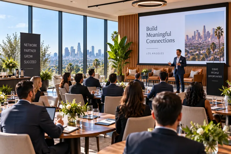 Bright Los Angeles corporate networking event space with modern seating, presentation area and guests talking in small groups