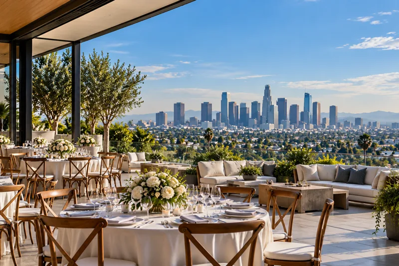 Los Angeles rooftop event venue with skyline views, lounge seating and an evening reception setup