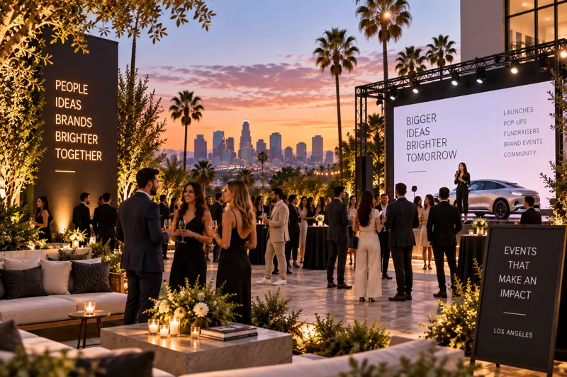 Los Angeles gallery fundraiser with bright contemporary art, cocktail tables, donor reception seating and a presentation area