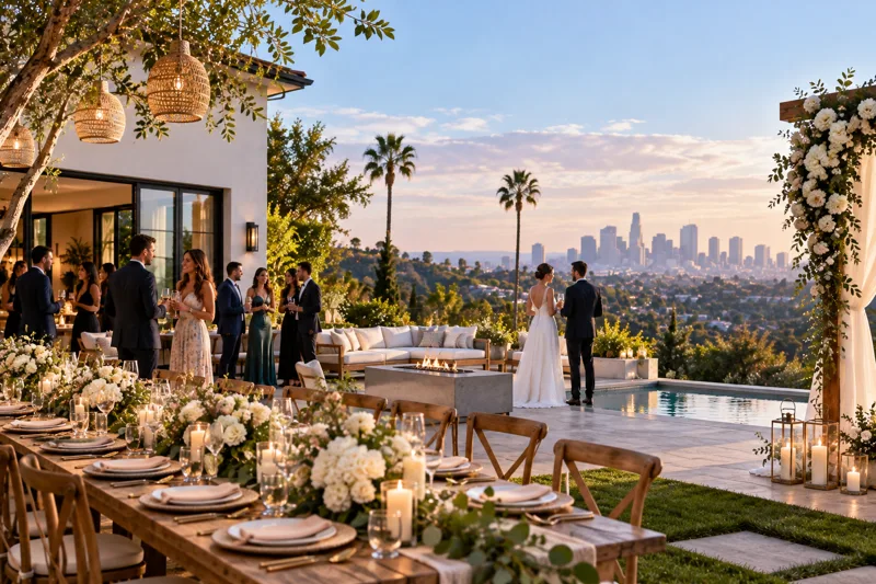 Bright Los Angeles garden wedding venue with ceremony chairs, greenery, white flowers and an open-air reception area