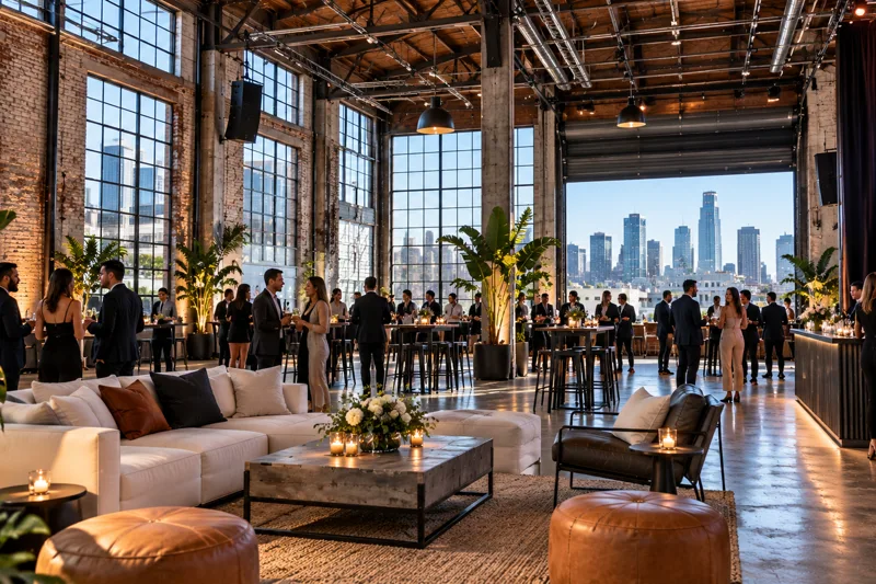 Industrial Los Angeles warehouse event space with high ceilings, polished concrete floors and an evening event setup