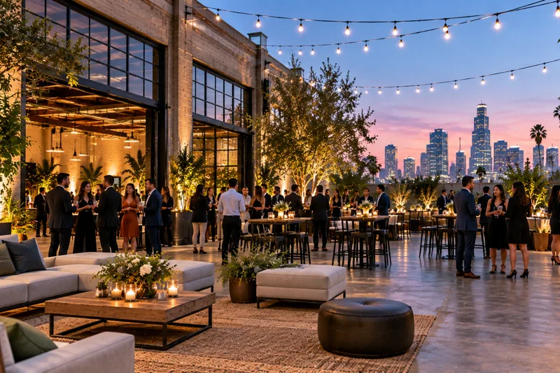 Large Los Angeles event center prepared for hundreds of guests with stage, dining tables and wide circulation paths