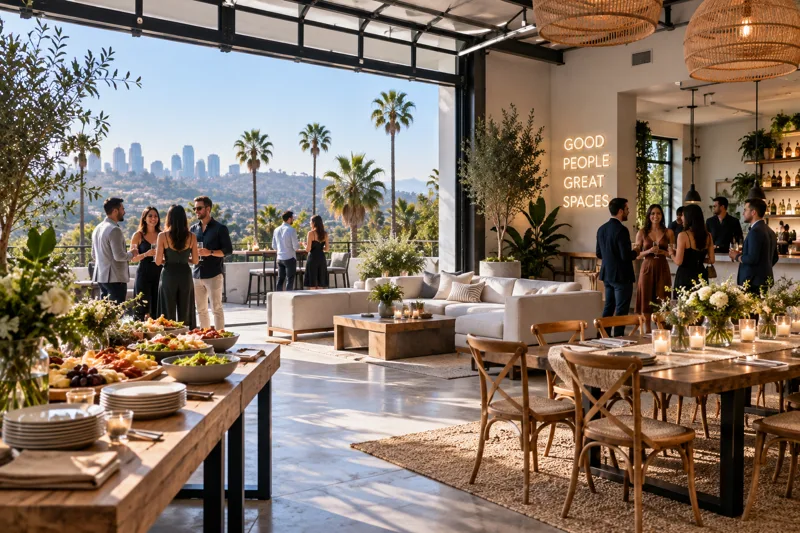 Los Angeles private dinner party venue with a long dining table, cocktail area, warm lighting and an intimate evening setup