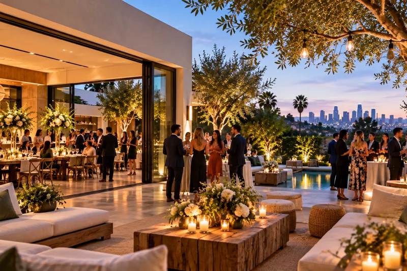 Los Angeles private event venue with indoor outdoor flow, tables, lounge seating and landscaped gathering space