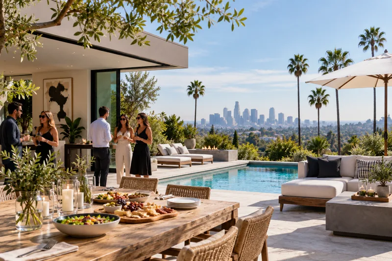 Los Angeles private house party with a poolside patio, warm evening lighting, lounge seating and space for guests to mingle