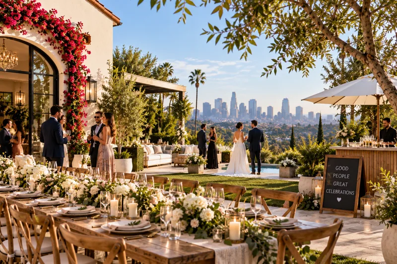 Los Angeles private wedding reception with modern tables, soft daylight, greenery and an elegant indoor-outdoor layout