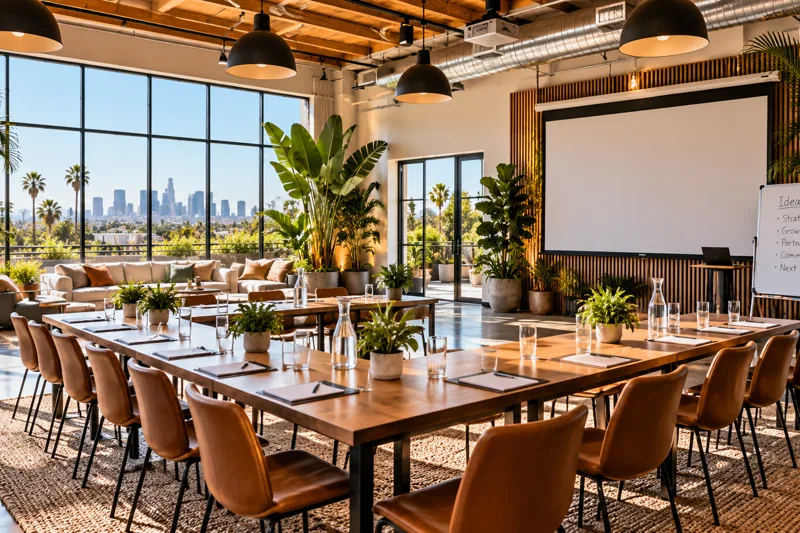 Modern Los Angeles team offsite meeting space with collaborative seating, presentation screen and natural light