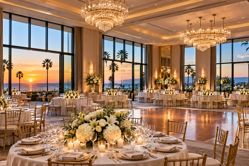 Elegant ballroom-style event space near Manhattan Beach with banquet tables, modern lighting and a polished reception layout