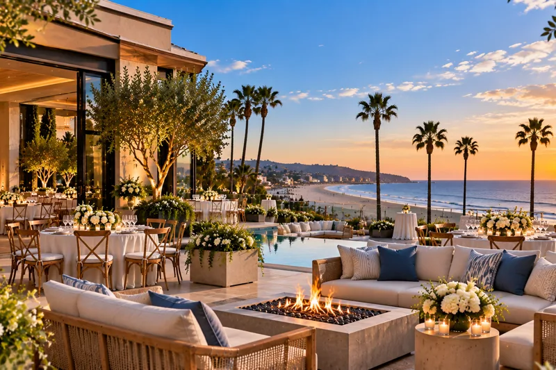 Coastal event venue near Manhattan Beach with ocean views, elegant tables and guests gathering on an outdoor terrace