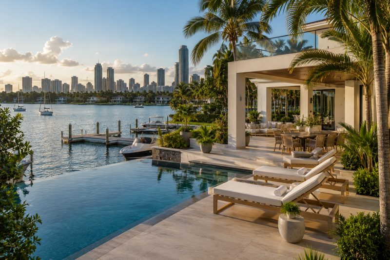 Coastal Miami photo shoot locations with waterfront homes, pool decks, bright daylight, and bay views
