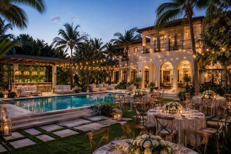 Miami estate and garden venues with tropical landscaping, outdoor dining, and private event flow